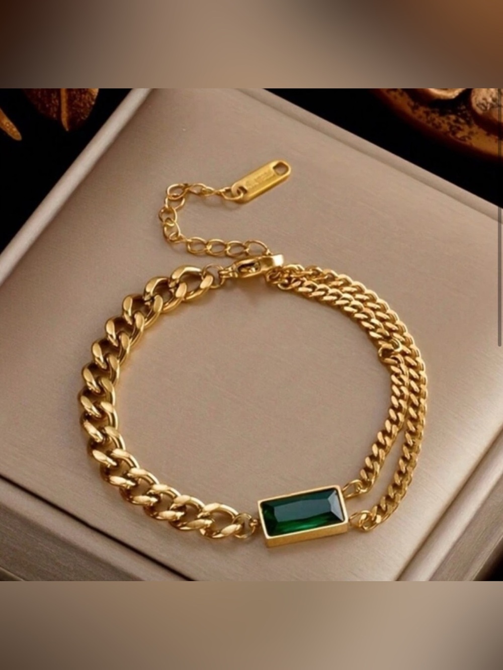 Gold Plated Stainless Steel Chain Bracelet with Green Gemstone